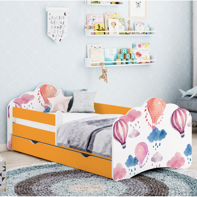 Ramsell European Toddler Bed Frame with Drawers, Orange, 56.5 x 70 x 140cm