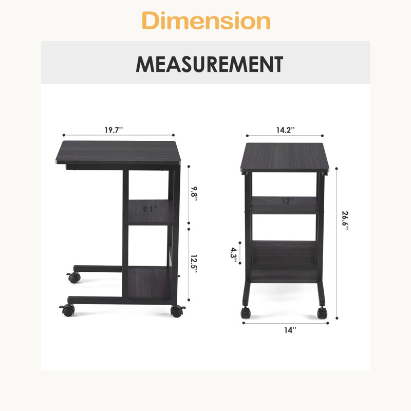 Table de bout en forme avec roues verrouillables, rangement à deux niveaux, table d'appoint roulante pour canapé ou chambre à coucher