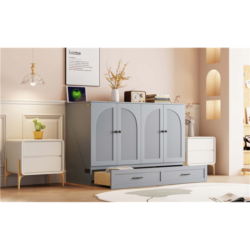 Lit escamotable pleine grandeur peu encombrant avec grands tiroirs et charge USB, idéal pour les petits appartements et les pièces multifonctionnelles
