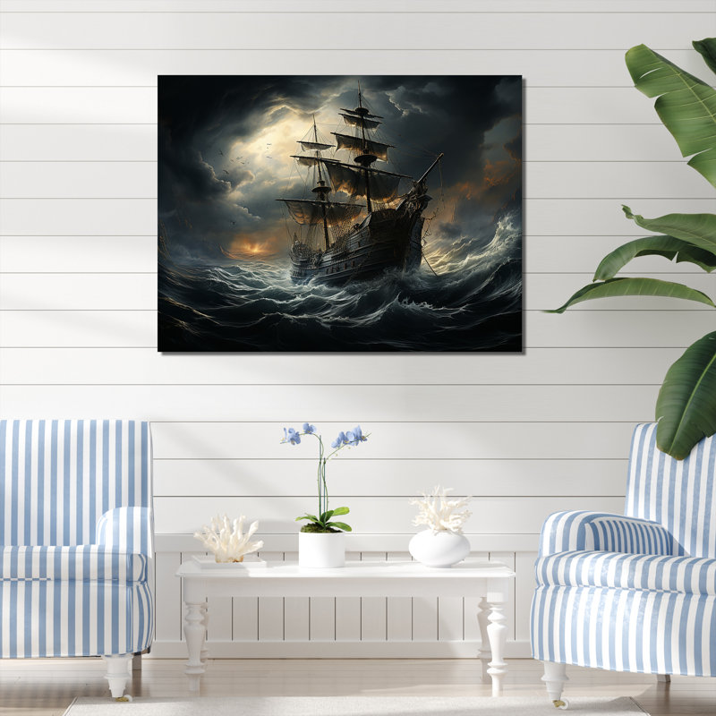 Pirate Ship At Stormy Seas - Art mural encadré pirate, Toile tendue, H 30 po x l 40 po x P 1,5 po