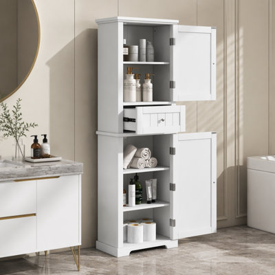 Grande armoire de rangement pour salle de bain, armoire de rangement autoportante avec tiroir et tablette réglable, panneau de fibres à densité moyenne avec finition peinte