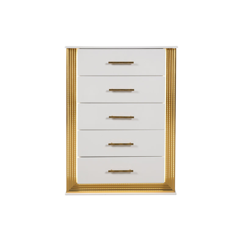 Commode 5 tiroirs de style contemporain Obsession en bois et finition dorée