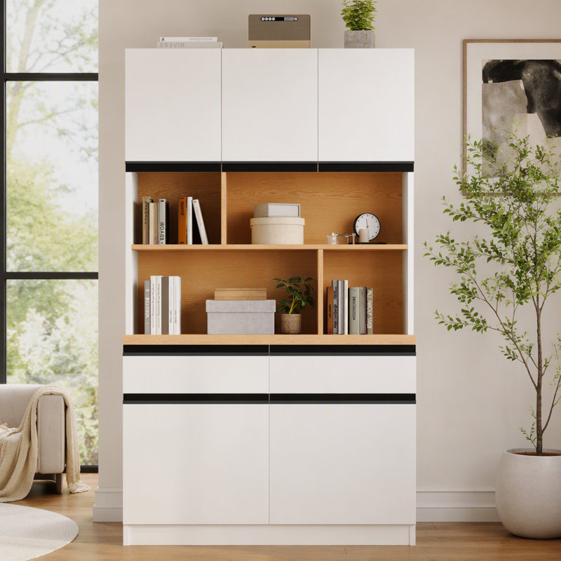 Grande armoire de rangement avec 5 portes, une bibliothèque ouverte et 2 tiroirs