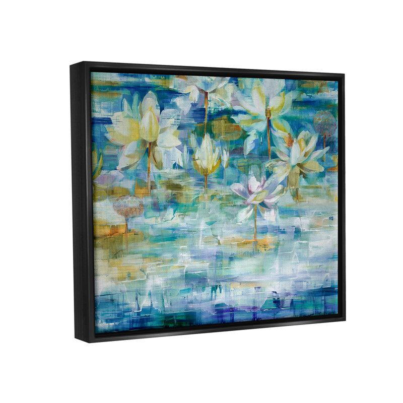 «Lotus Water Lilies Modern Pond» par Liz Jardine - peinture sur toile, H 17 po x l 21 po x P 1,7 po