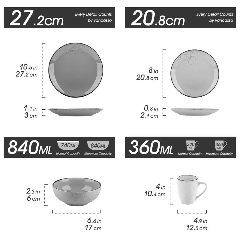 Aayah Ceramic Dinnerware Set 16 Piece - Service for 4, Blue/Grey/Beige