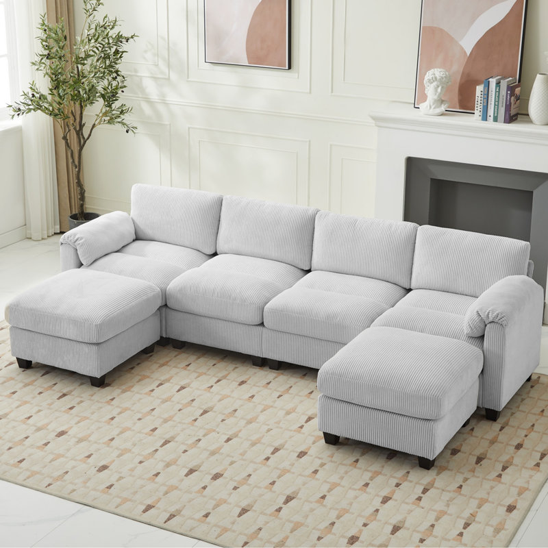 Canapé modulaire en U avec repose-pieds en velours côtelé 6 pièces, Velours côtelé gris
