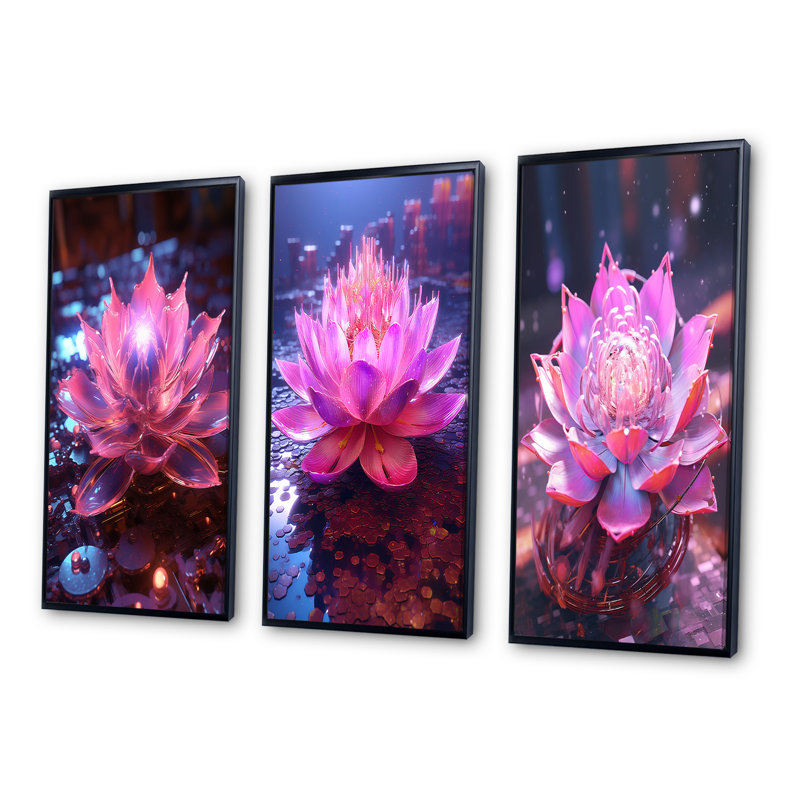 «Radiant Pink Blossoming Lotus Luminescent», 3 pièces sur toile, Cadre flottant noir, H 28 po x l 36 po