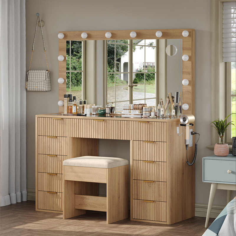  Vanity Desk with Power Outlet, Fluted Makeup Vanity with Lights Mirror, 3 Lighting Modes Adjustable, 11 Drawers Vanity Set, Makeup Table with Glass Top, Vanity Table with Chair