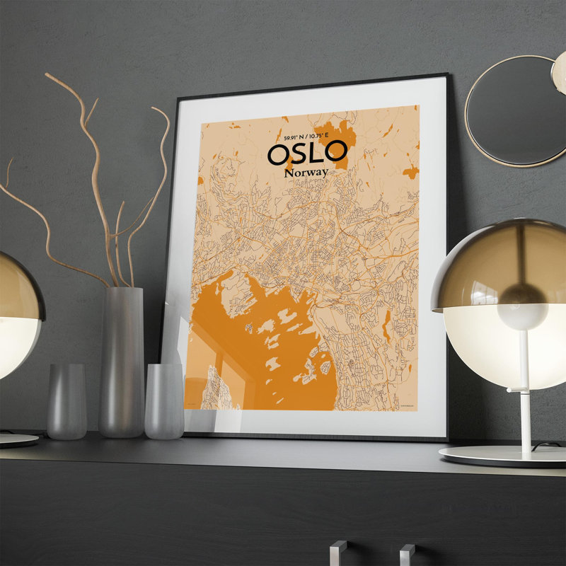 Oslo, carte de la ville, impression, H 24 po x l 18 po, Orange / or pâle