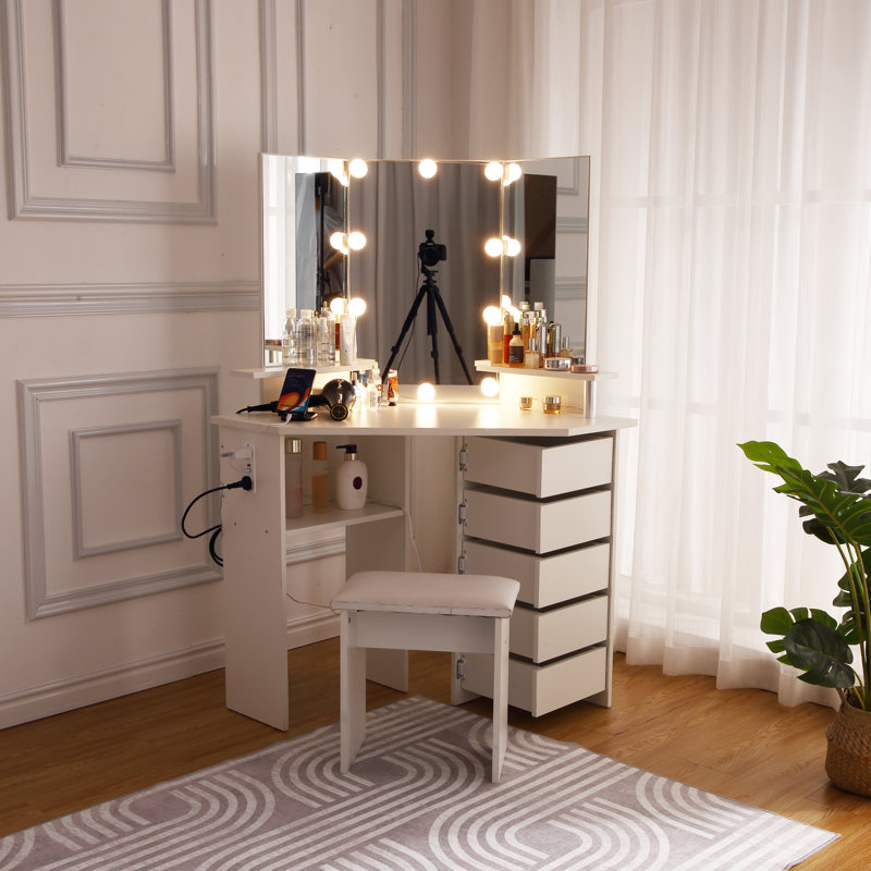 Corner Makeup Vanity with Lights - Adjustable LED Mirror, 5 Rotating Drawers & Power Outlet, Includes Stool , White