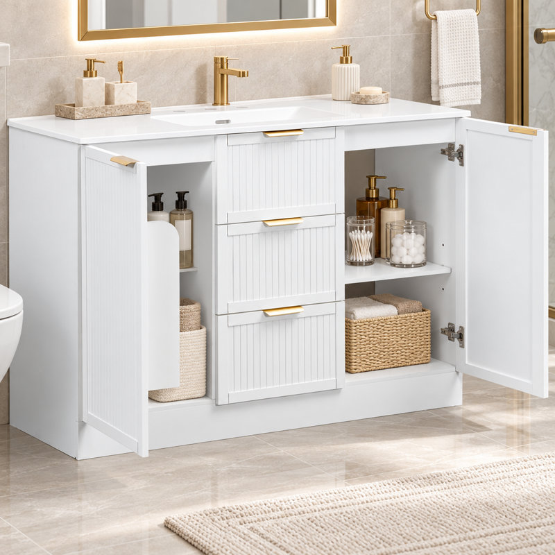 Meuble-lavabo autoportant blanc de 121,4 cm (47,8 po), en MDF à panneaux cannelés, avec 2 tiroirs et 2 portes, charnières à fermeture amortie, étagères réglables et tablette de rangement double intégrée à la porte.
