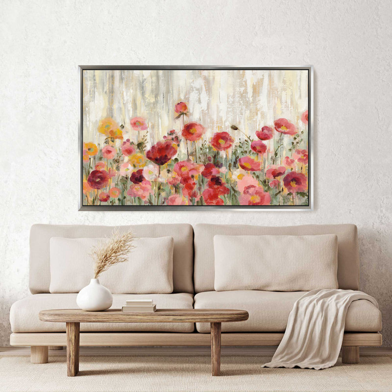 "Sprinkled Flowers" par Silvia Vassileva, reproduction sur toile dans un cadre flottant argenté, H 39,5 po x l 63,5 po