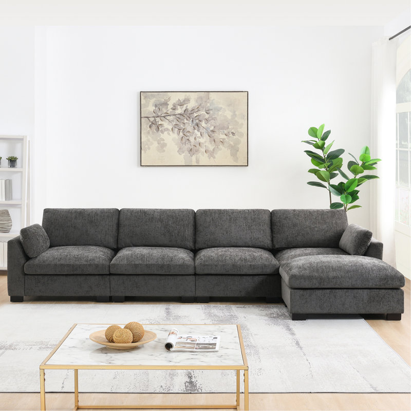 5 Modular Sectional 130", L-Shape, With High Density Foam, Side Storage, Folding Table, Dual Charging, Movement , 2 Armrest Pillows, Chenille, Colours 5 Seat, Storage Pockets,