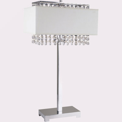 Lampe de table en métal de 28 po de hauteur avec finition argentée, abat-jour blanc et accents de cristal