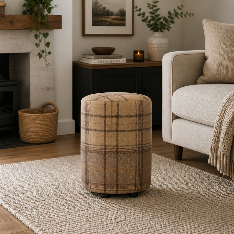 Tartan Fabric Round Stools Tartan , Grey