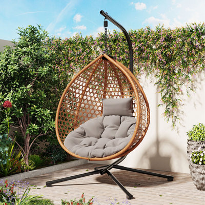 Chaise hamac robuste avec support, chaise à œufs suspendue durable avec tissage en rotin, chaises de balançoire intérieures et extérieures confortables avec coussin doux et amovible, convient au balcon, à la chambre à coucher ou au jardin