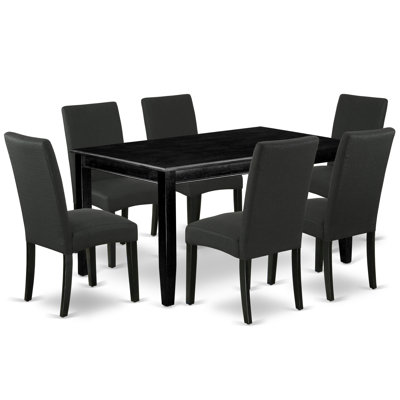 7 Piece Modern Dining Table Set Consist of a Rectangle Wooden Table and 6 Black Color Linen Fabric Upholstered Chairs, Black