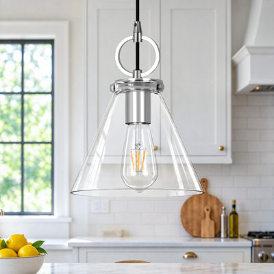 Levona 1-Light Single Kitchen Island Cone Clear Glass Pendant Light, Brass