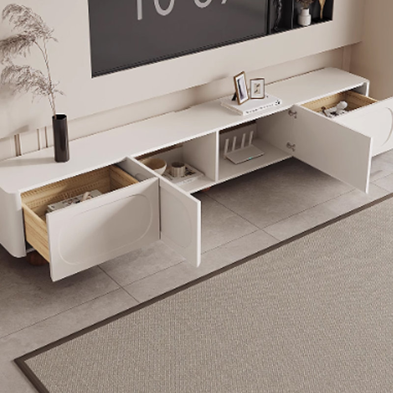Meuble télé en bois massif de style crème avec 2 tiroirs et 2 armoires, 94.48"