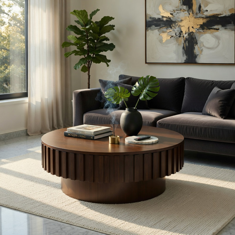 Table basse ronde ronde avec rangement Table basse moderne en bois avec compartiment caché, Noyer