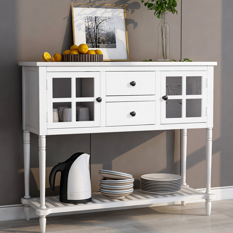 Buffet console pour le salon en blanc, armoire de rangement de style - 2 tiroirs, armoires vitrées, pieds en bois massif, buffet blanc d'aspect chic avec tablette inférieure, conception spacieuse, deux