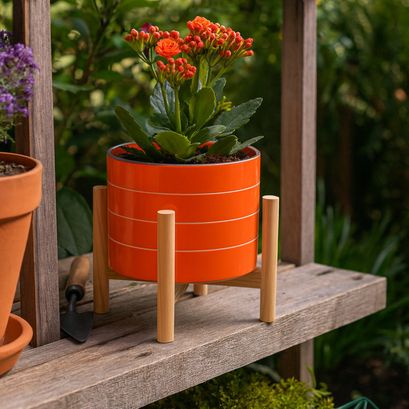 Glossy Ceramic Outdoor Planter on Stand for Indoor Home Decor - Modern Contemporary Flower Pot for Living Room or Patio - Orange