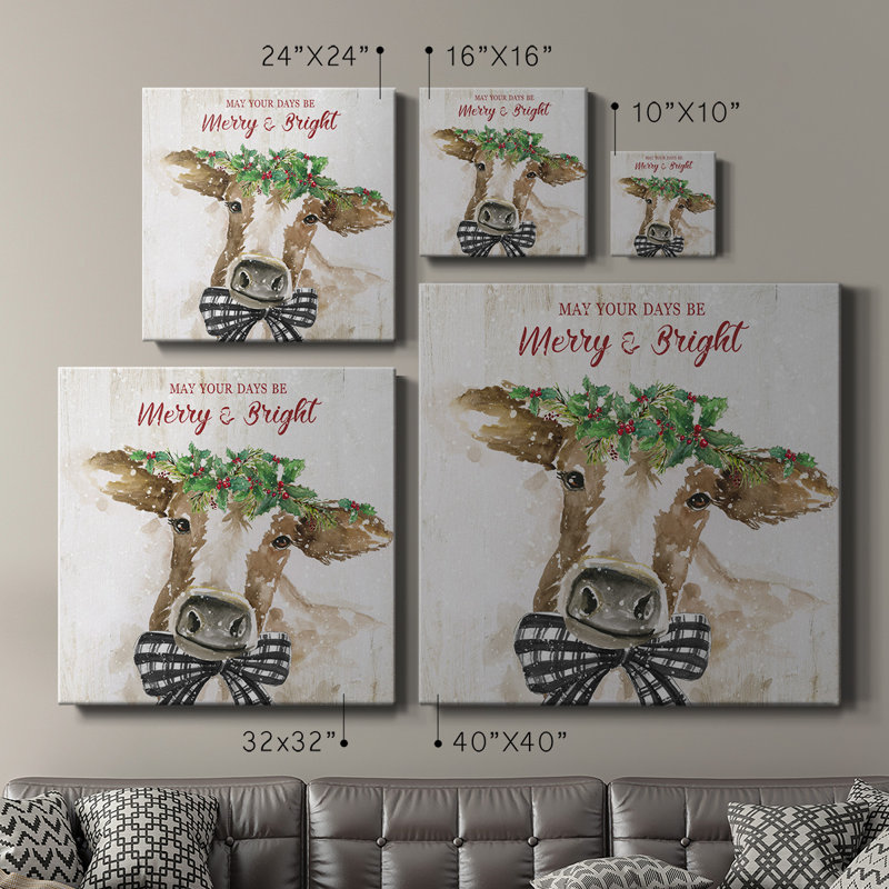 «Merry and Bright Cow» - Toile tendue avec châssis de qualité supérieure - prête à être accrochée
