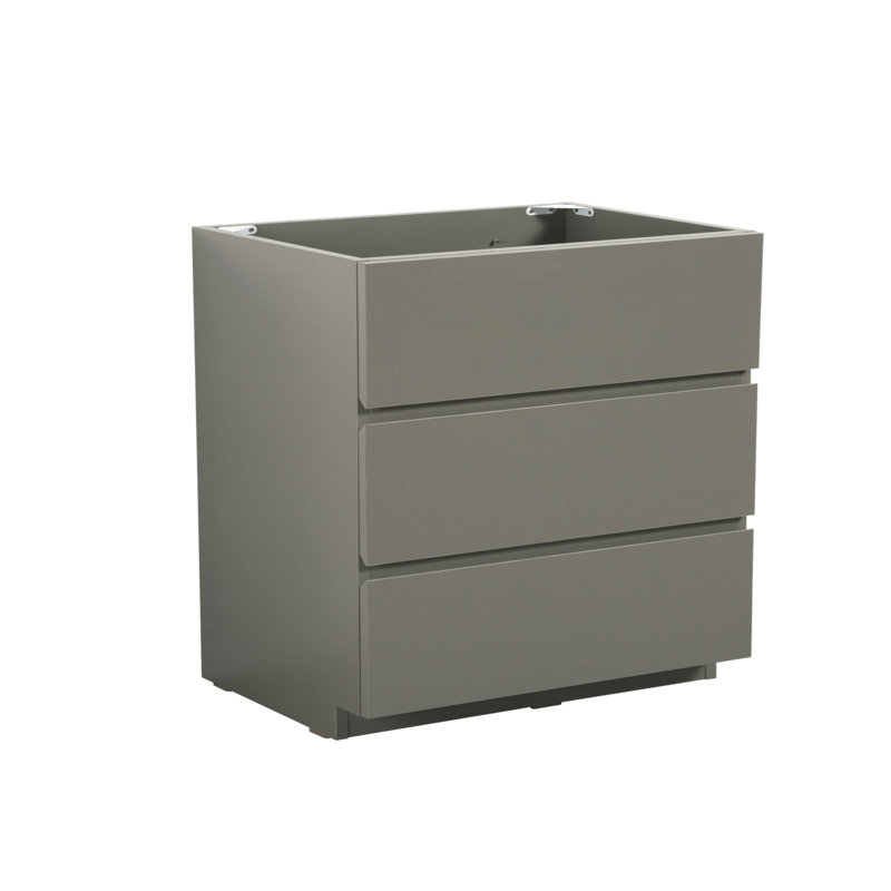 Alice-36F-102, armoire de plancher SANS lavabo, couleur grise, avec trois tiroirs, pré-assemblée