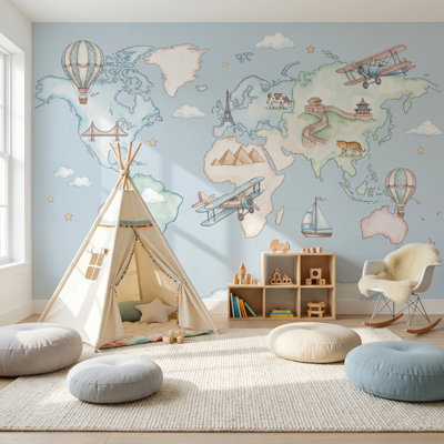 Murale emblématique de la carte du monde avec montgolfière
