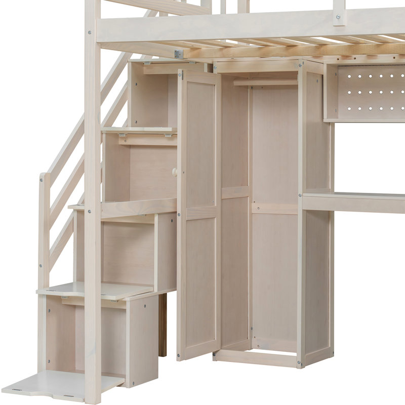 Lit mezzanine beige avec garde-robe intégrée, bureau d'étude, rangement ouvert et lumières à DEL, configuration d'espace pour les espaces compacts et les chambres doubles