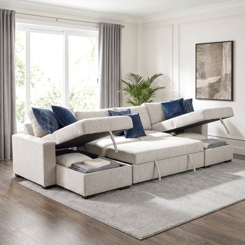 Retford 143" Modern & Contemporary Microfiber 3-Piece Sectional Sofa with Pull-Out Bed, Two Reversible Chaises & Hidden Storage