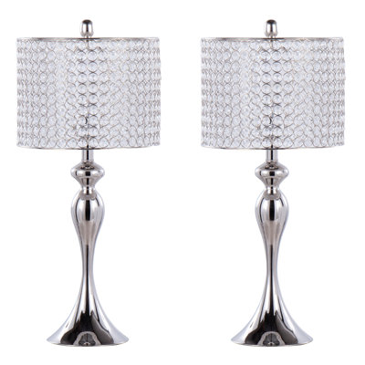 27" Contemporary Metal Table Lamp In Polished Nickel With Round Clear K9 Crystal Beads And Polished Nickel Shade - Set Of 2