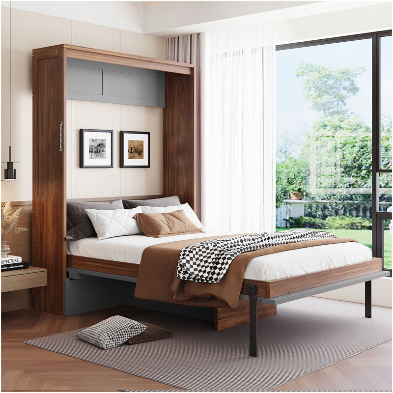 Full Size Murphy Bed With Foldable Desk – Space Saving Wall Bed - Walnut & Gray, Gray