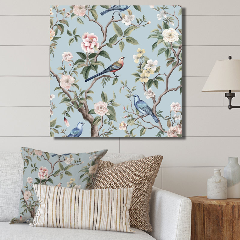 Chinoiserie, oiseaux et pivoines sur toile, Toile tendue, 36" H x 36" W