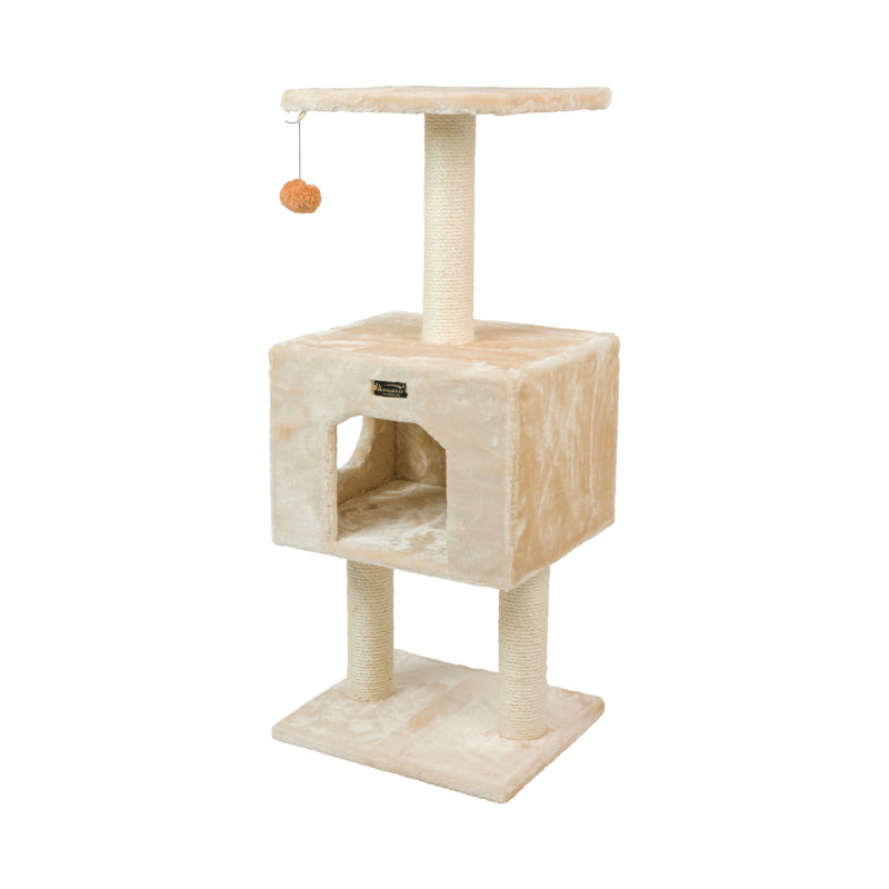 Beige Faux Fur and Sisal Freestanding Cat Tree with Condo