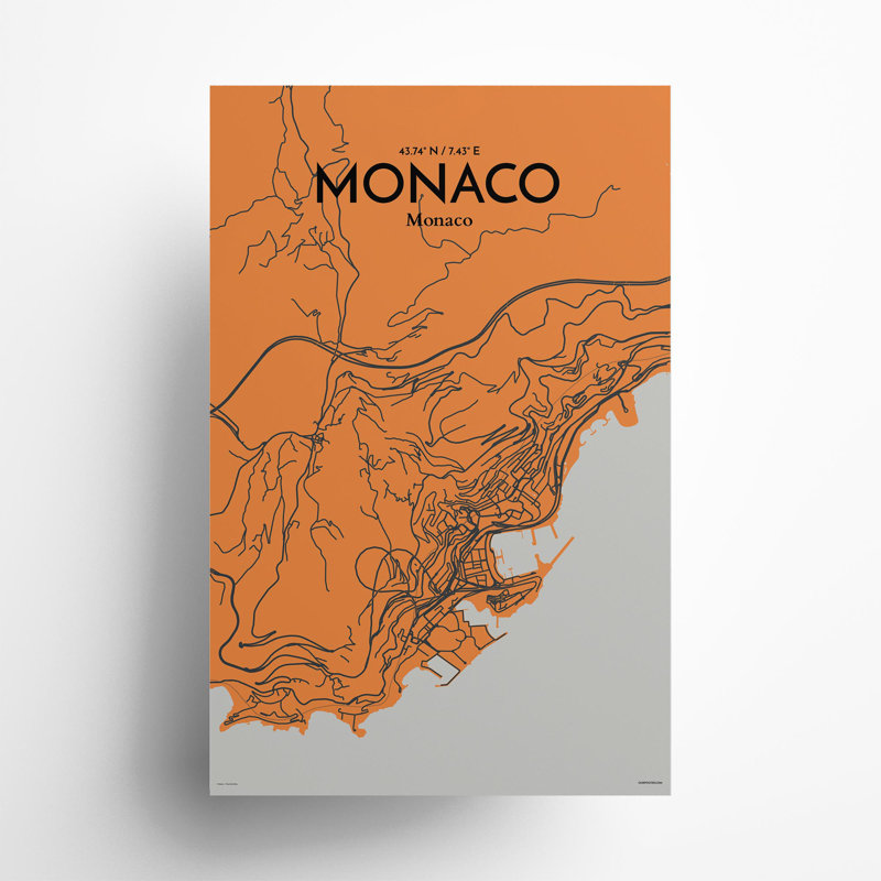 Monaco City Map in Orange 1 Piece Wall Art, 17cm H x 11cm W x 0.05cm D