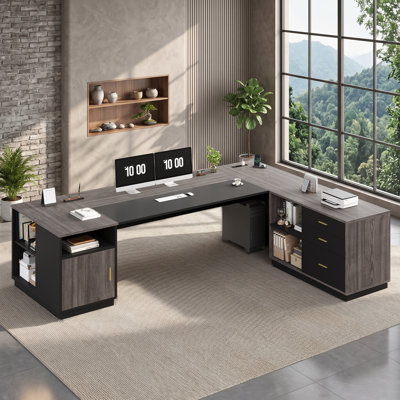 78.7" L Shaped Executive Desk With Lateral File Cabinet, Modern Corner Computer Desk With Power Outlets, Extra Large Office Desk With Drawers & Storage Shelves, Business Furniture, Gray