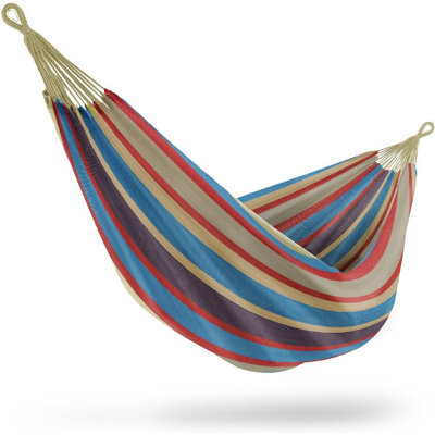 Hamac double brésilien - lit de hamac portable très long pour deux personnes pour les espaces intérieurs ou extérieurs - corde suspendue, pochette de transport incluse (rayures bleues / sable / mauve / rouge)