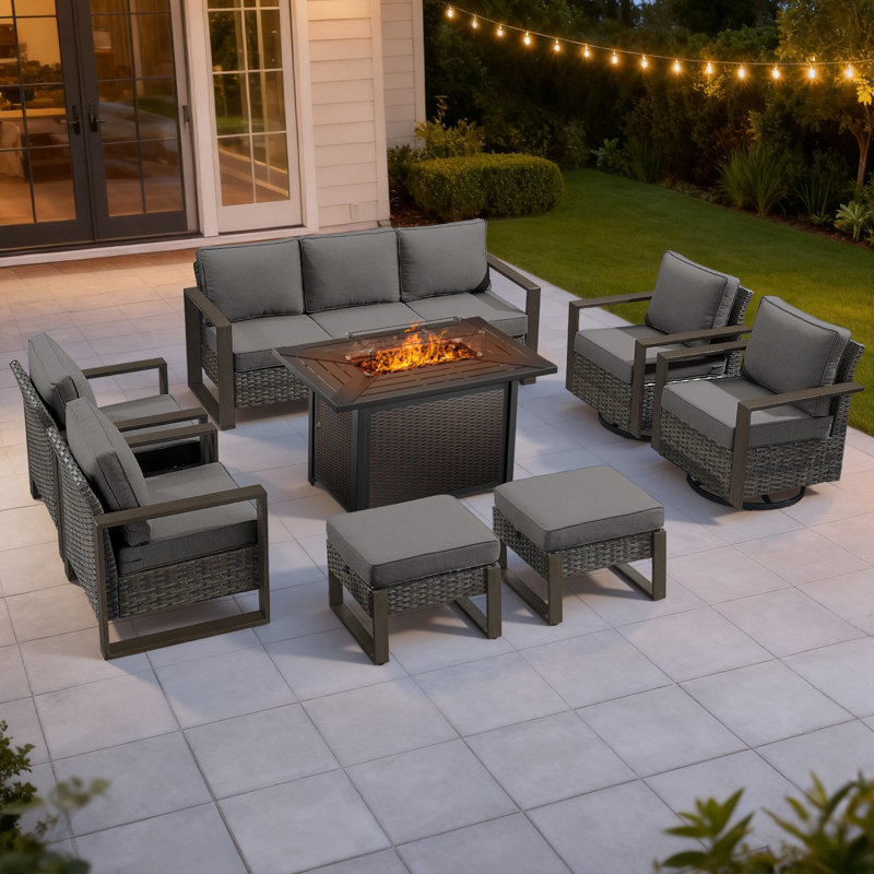 Drazen 9 - Person Patio Furniture Set With Fire Pit Table, All-Weather Wicker Outdoor Conversation Set With Chair And Thick Cushions
