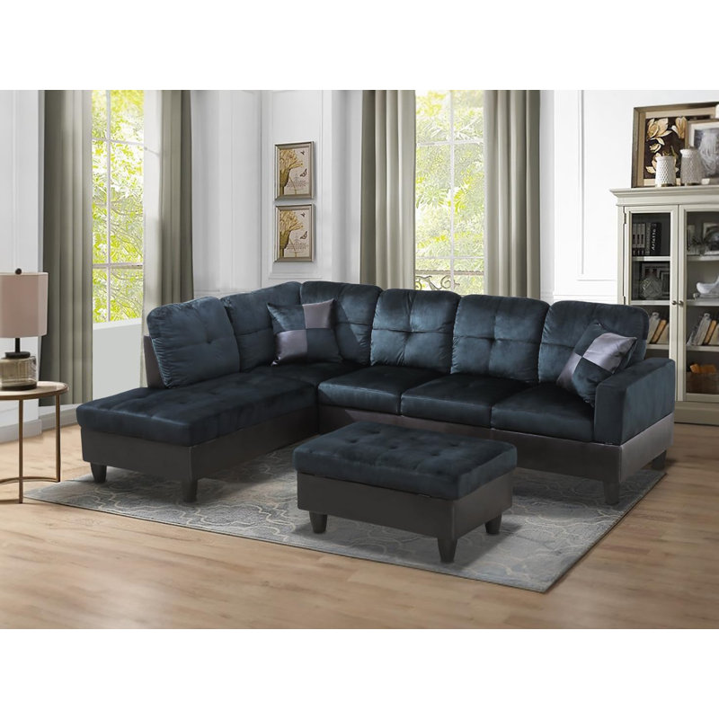 103.5" Upholstered L-Shaped Living Room Sectional, Left Hand Facing, Dark Blue Microfiber