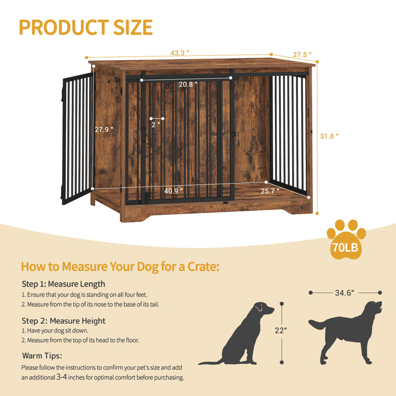 Dawyne Metal Sliding Barn Door Dog Crate, Rustic Brown, 31.8" H x 43.3" W x 27.5" D