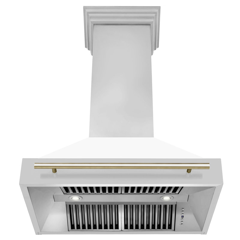 36" 700 CFM Ducted Wall Mount Range Hood, White Matte/Gold