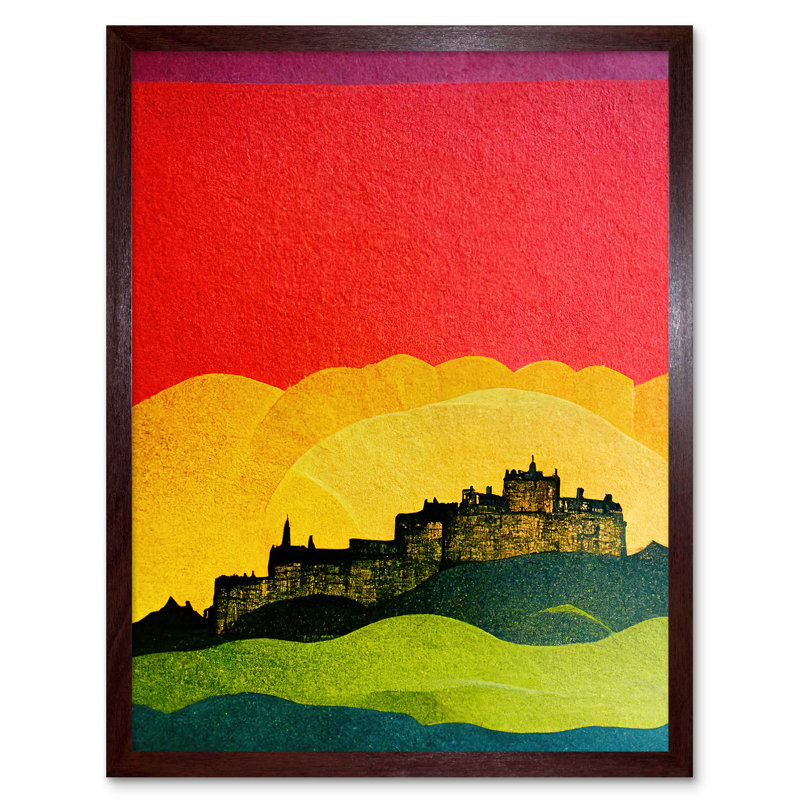 Modern Edinburgh Castle Rainbow Sunset Cityscape - Print, 43cm H x 33cm W x 2cm D, Brown Framed Paper