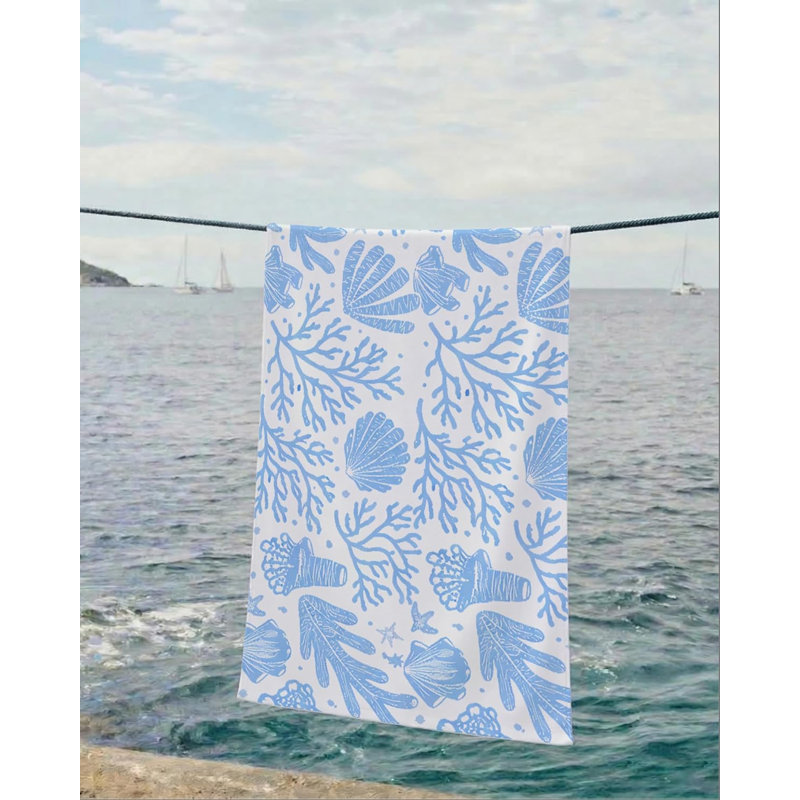 Blue Coastal Beach Towel 35x70 Inch, Ocean Seashell Coral Pattern Polyester Towel for Beach Pool Bathroom Travel Camping