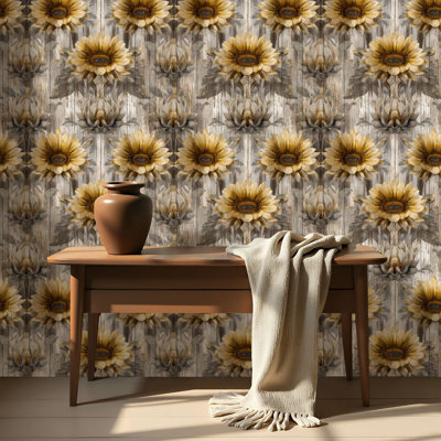 Peel and Stick Wallpaper Contact Paper Hand Painted Sunflower Repeat Distressed Vintage Fabric Design Self Adhesive and Removable 17.7in x 118in(45x300cm)