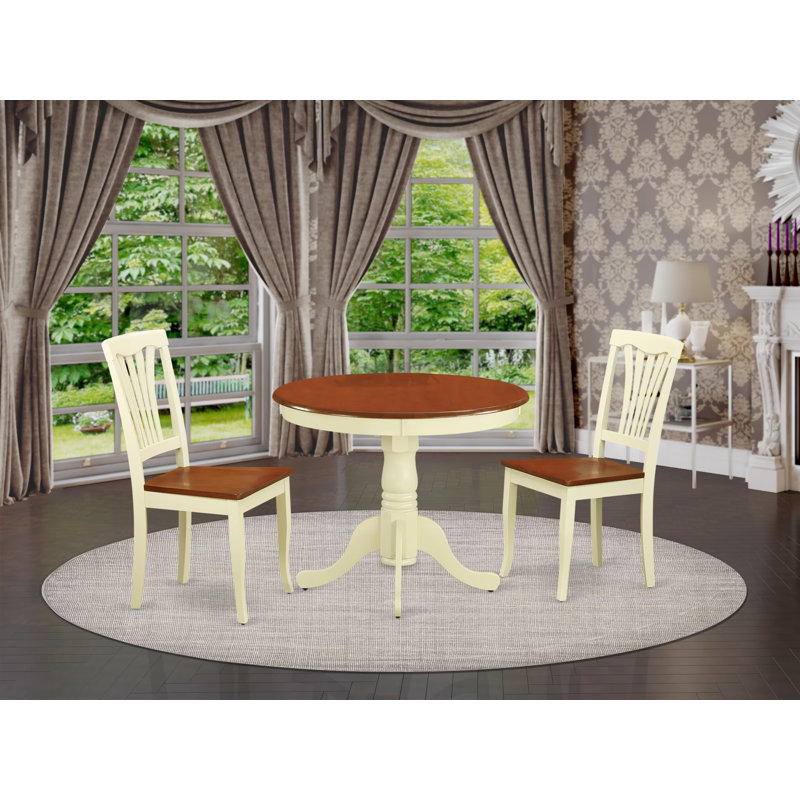 Ensemble de coin-repas 3 pièces pour petits espaces comprenant une table de salle à manger ronde avec piédestal et 2 chaises de cuisine, 36 po x 36 po, babeurre et cerise