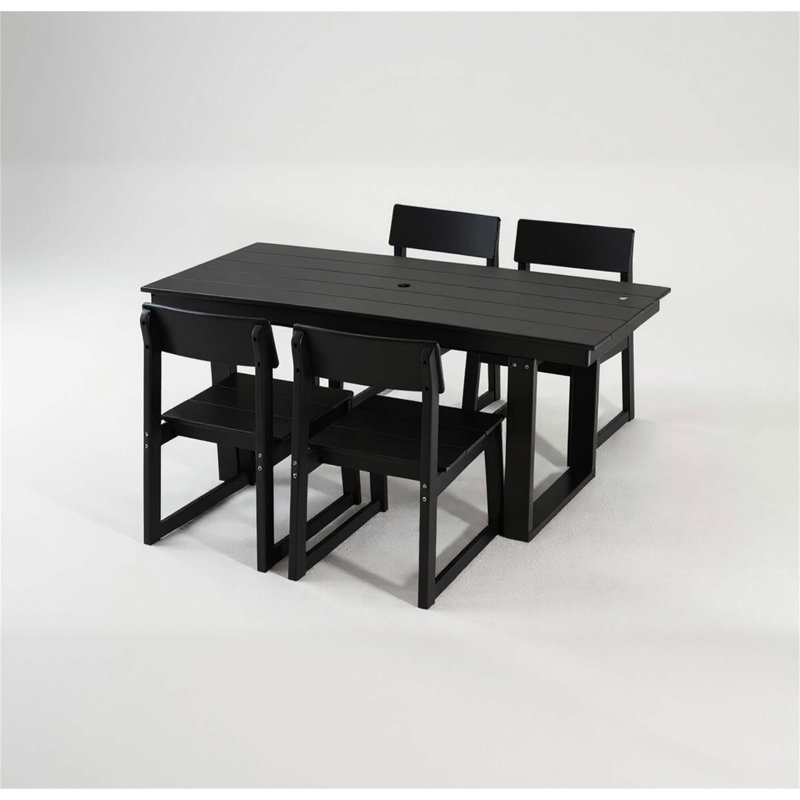 5-Piece Black HDPE Outdoor Dining Set – Weather-Resistant Patio Table With Umbrella Hole & 4 Armless Chairs For Backyard/Poolside