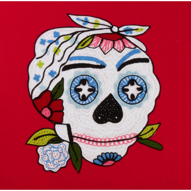 Red Sugar Skull Cotton Pillow with Pom Pom Trim