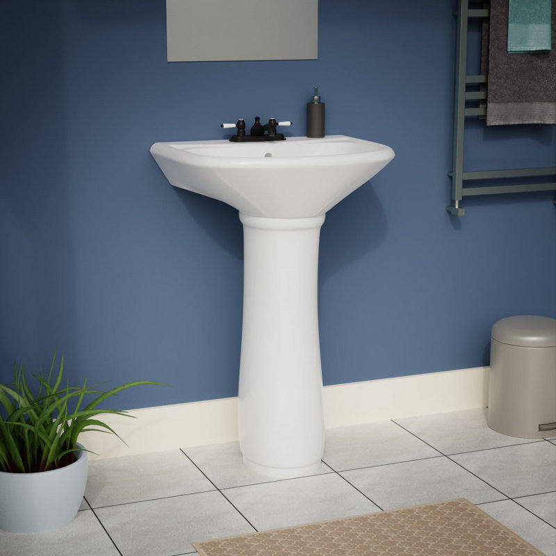 Ondine 16'' White Reno-Gloss Vitreous China Modern Pedestal Sink for Small Bathrooms with Overflow
