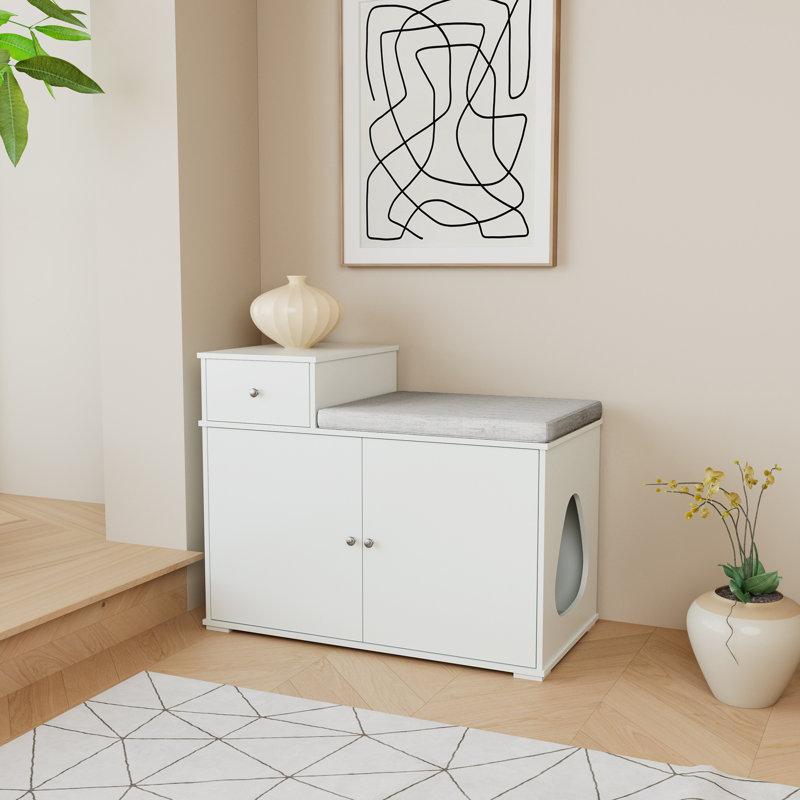 Durasoff Litter Box Enclosure With Top Opening and Cushion Cat House, White